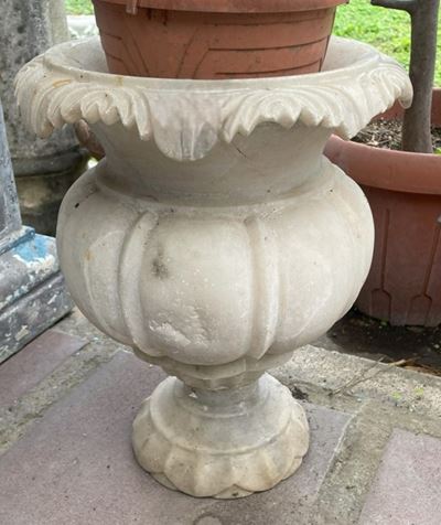 Grazioso Vaso a Calice in Marmo Bianco Statuario Decorato All'orlo con Decoro Fogliato