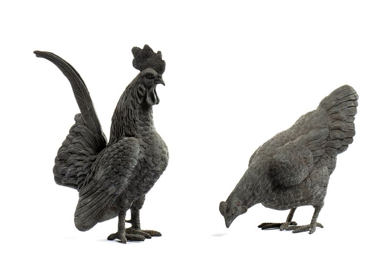 Coppia di Gallo e Gallina in Bronzo