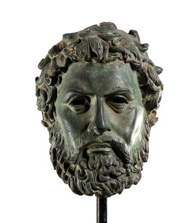 Testa in Guerriero Greco in Bronzo Assicurata Ad una Base in Marmo Nero Quadrata