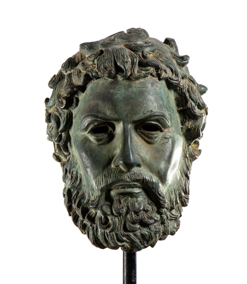 Testa in Guerriero Greco in Bronzo Assicurata Ad una Base in Marmo Nero Quadrata