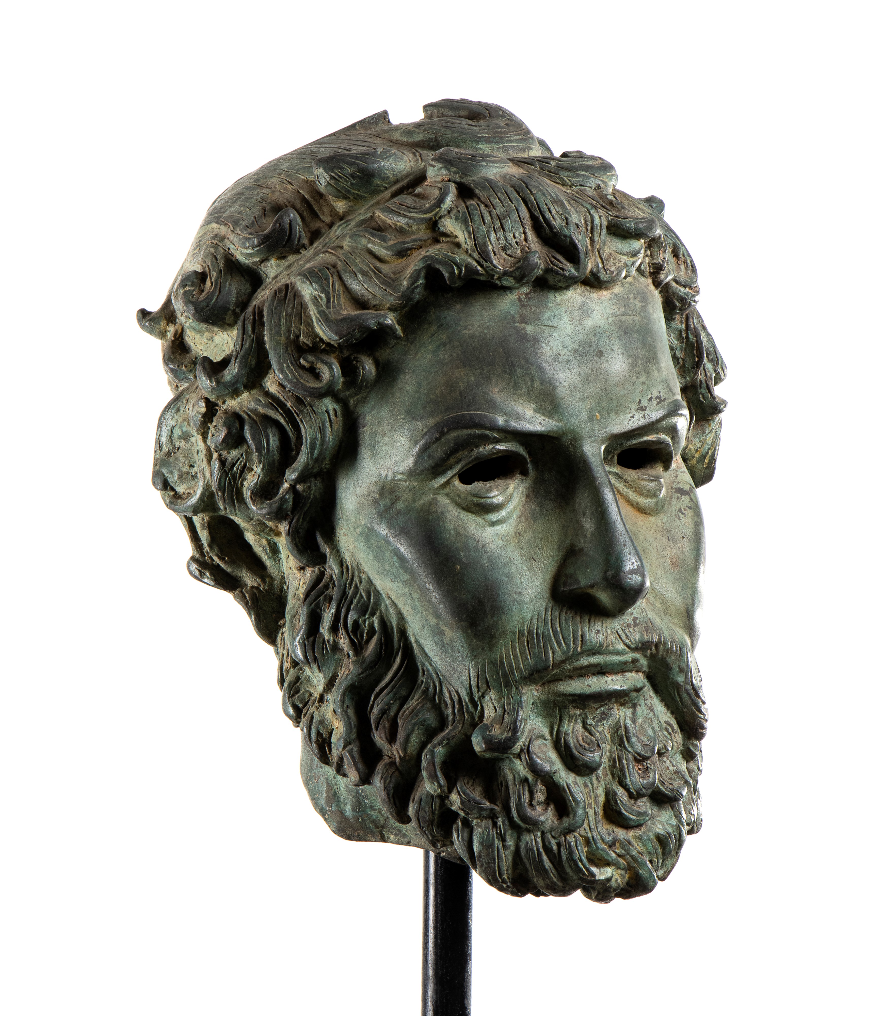 Testa in Guerriero Greco in Bronzo Assicurata Ad una Base in Marmo Nero Quadrata