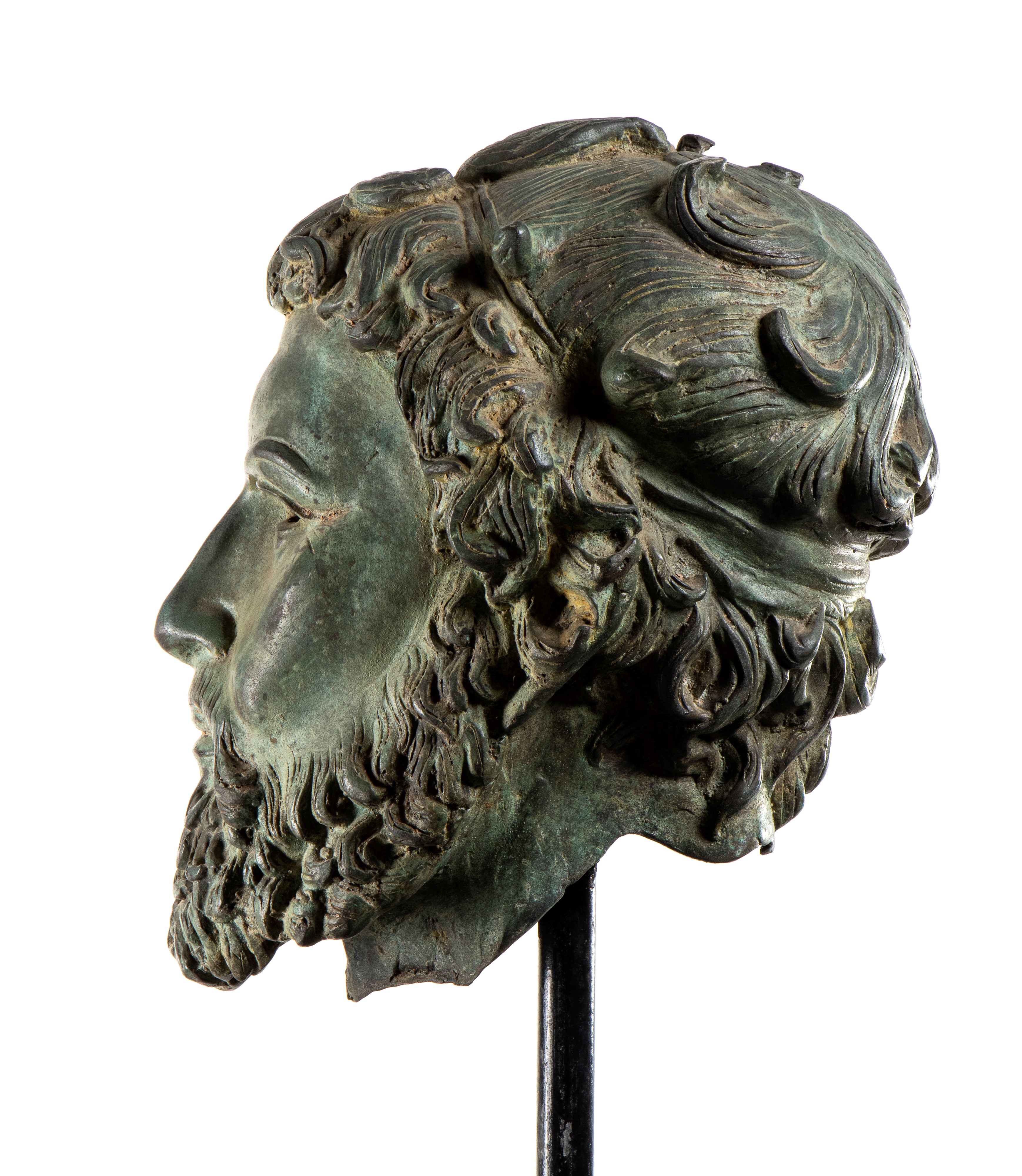 Testa in Guerriero Greco in Bronzo Assicurata Ad una Base in Marmo Nero Quadrata