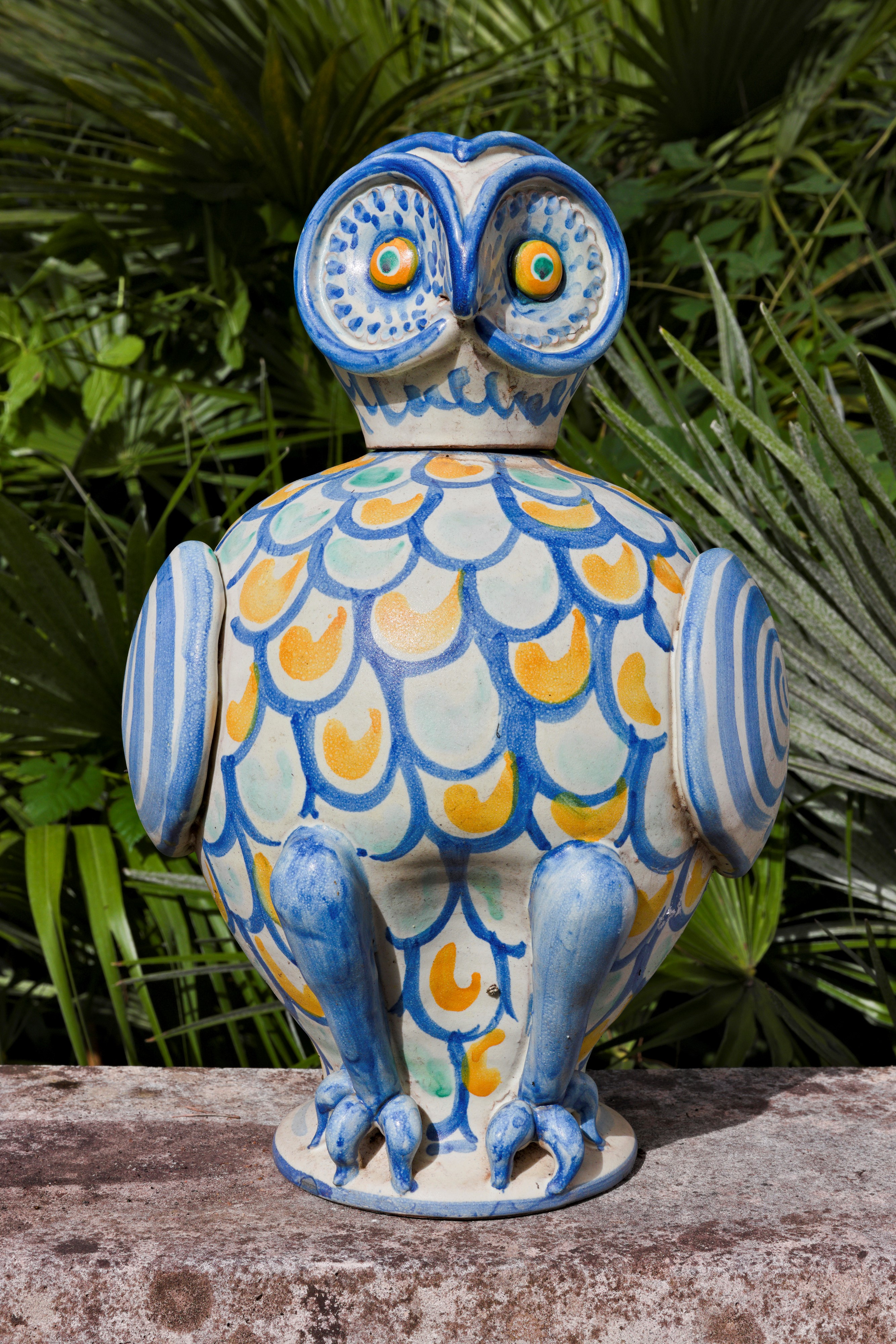 Bottiglia in Ceramica Smaltata nei Toni del Giallo, Verde e Blu Raffigurante Civetta