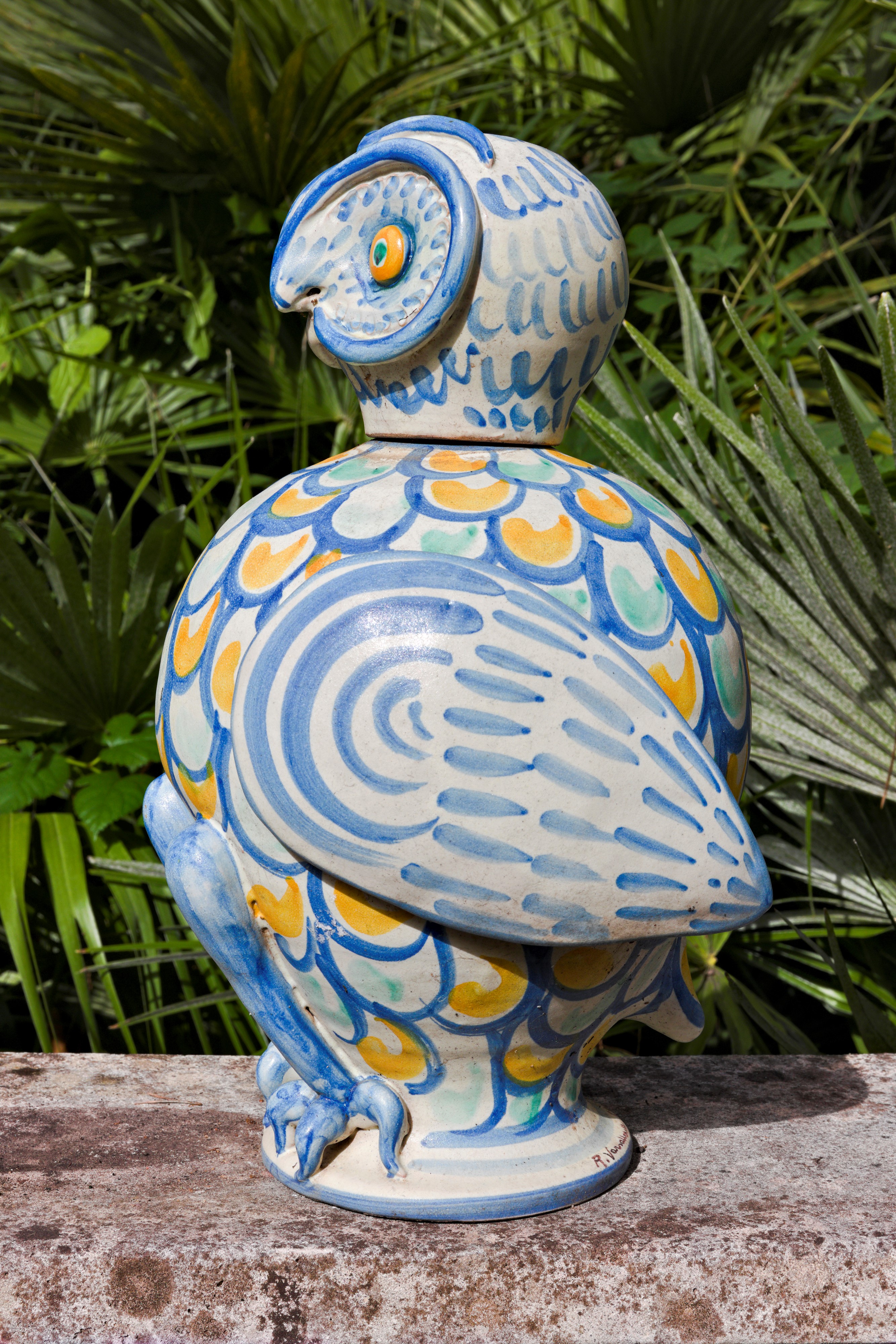 Bottiglia in Ceramica Smaltata nei Toni del Giallo, Verde e Blu Raffigurante Civetta