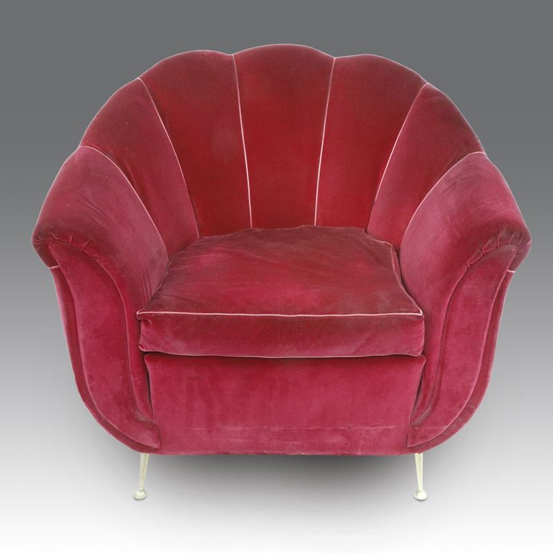Gio Ponti style, Poltroncina a conchiglia in velluto bordeaux (anni '50)