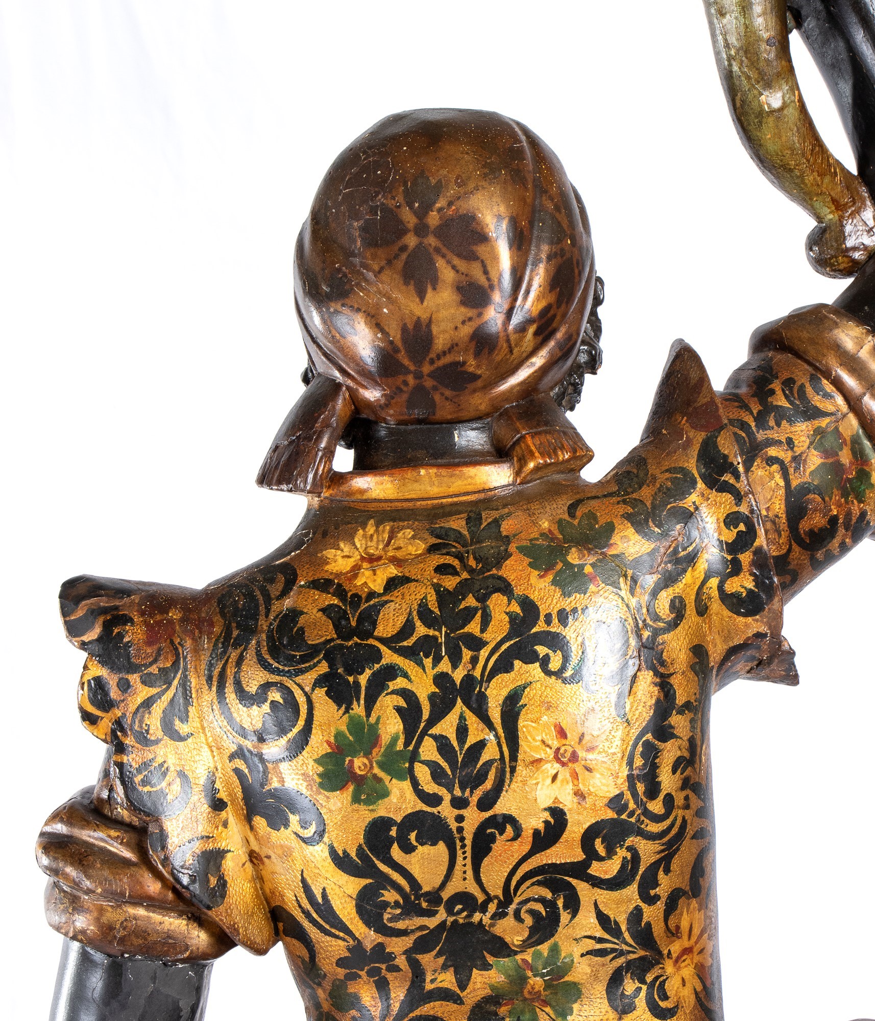 Grande Scultura in Stile Veneziano Raffigurante Moro in Legno Policromo e Dorato della Fine del X...