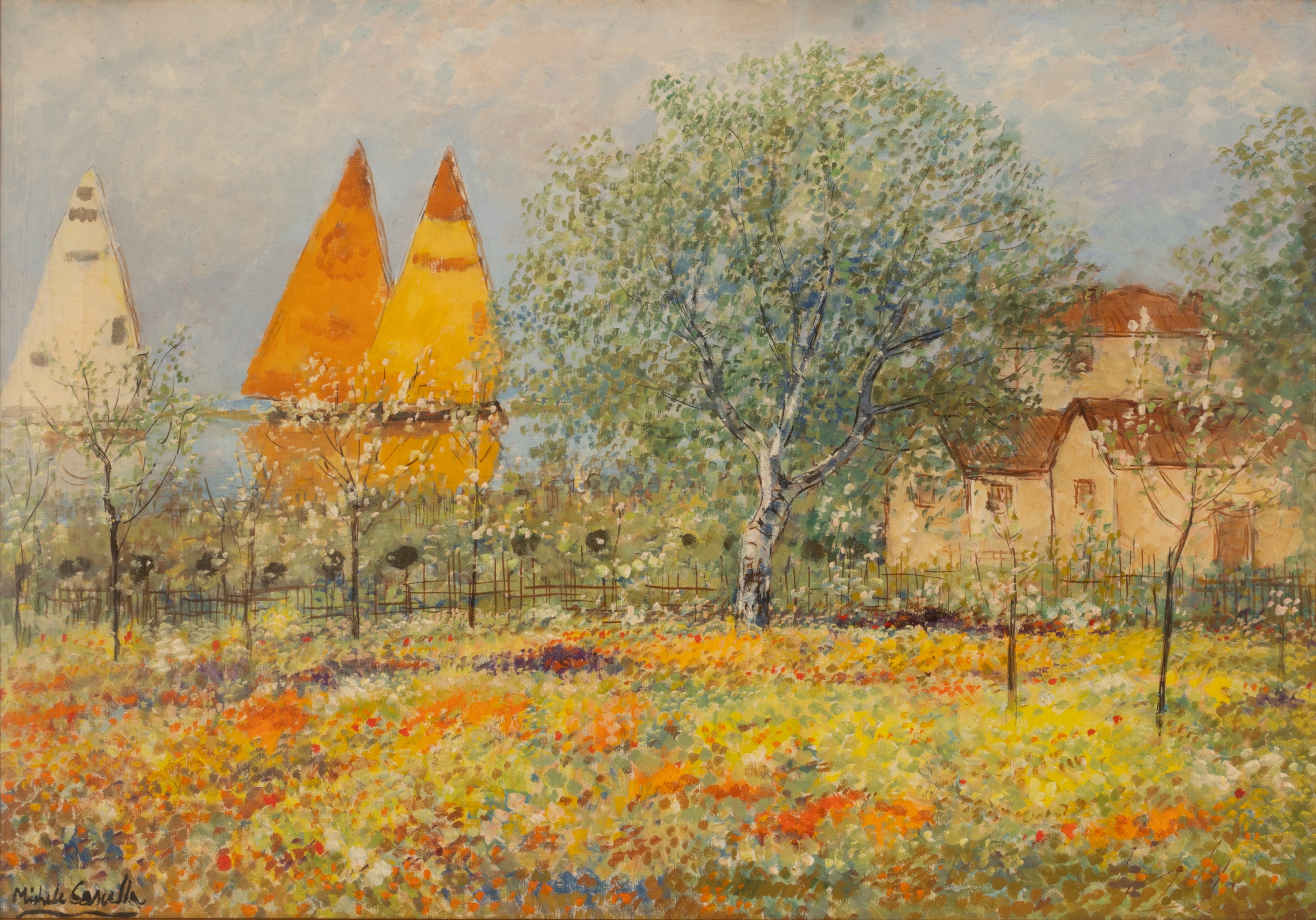 Michele Cascella - Albero di Pesco in Fiore, Case e Vele e sullo Sfondo