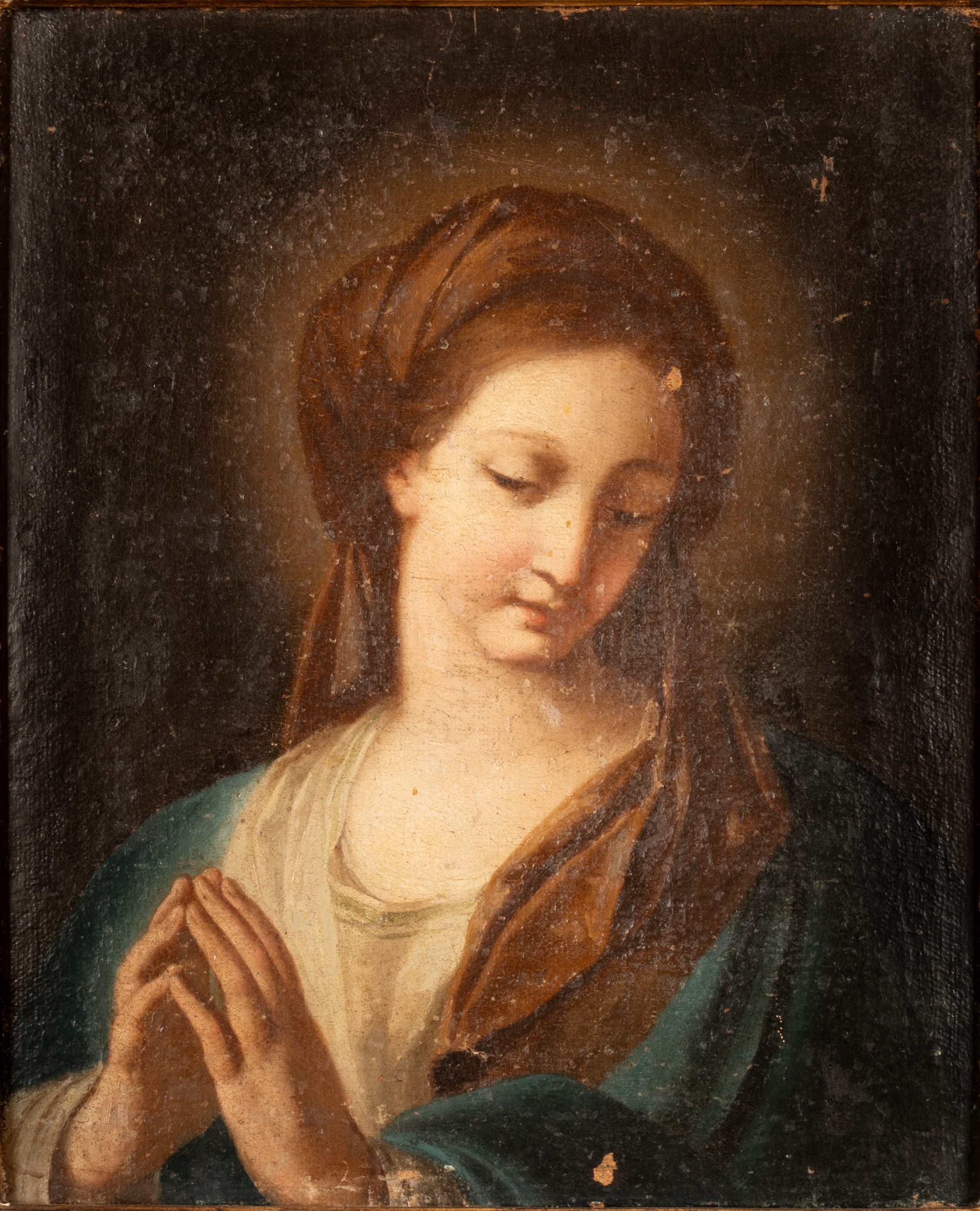 Madonna orante Cornice dorata con racemi, fiori e foglie d'acanto a riliev