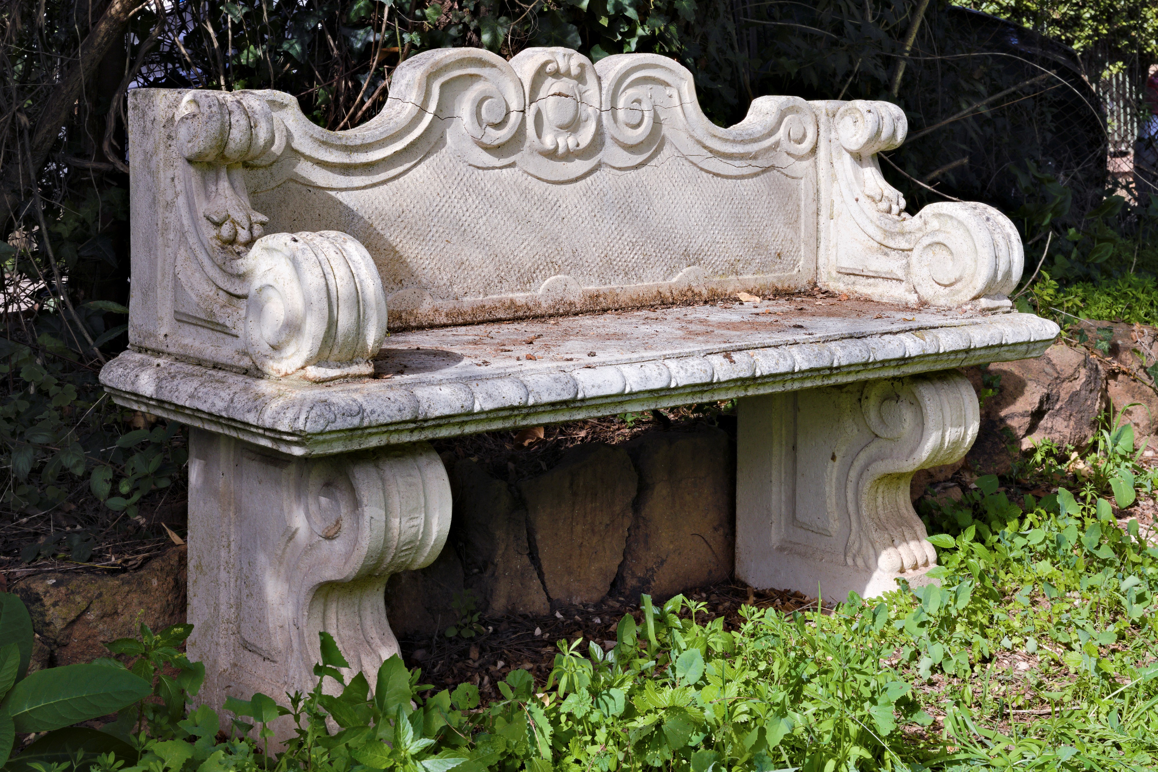 Coppia di Panchine da Giardino in Polvere di Cemento e Marmo con Schienale Sagomato, Braccioli e ...