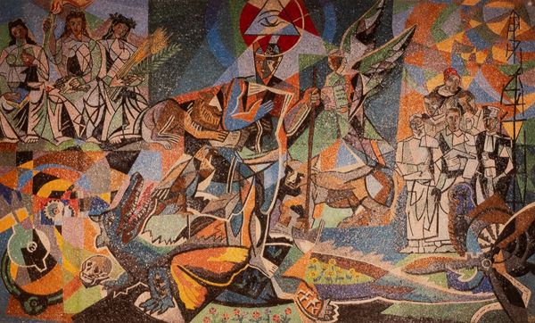 Lotto composto da bigliettino di auguri di Romana Severini a Giovanni Carandente  e acquaforte realizzata da Gino Severini