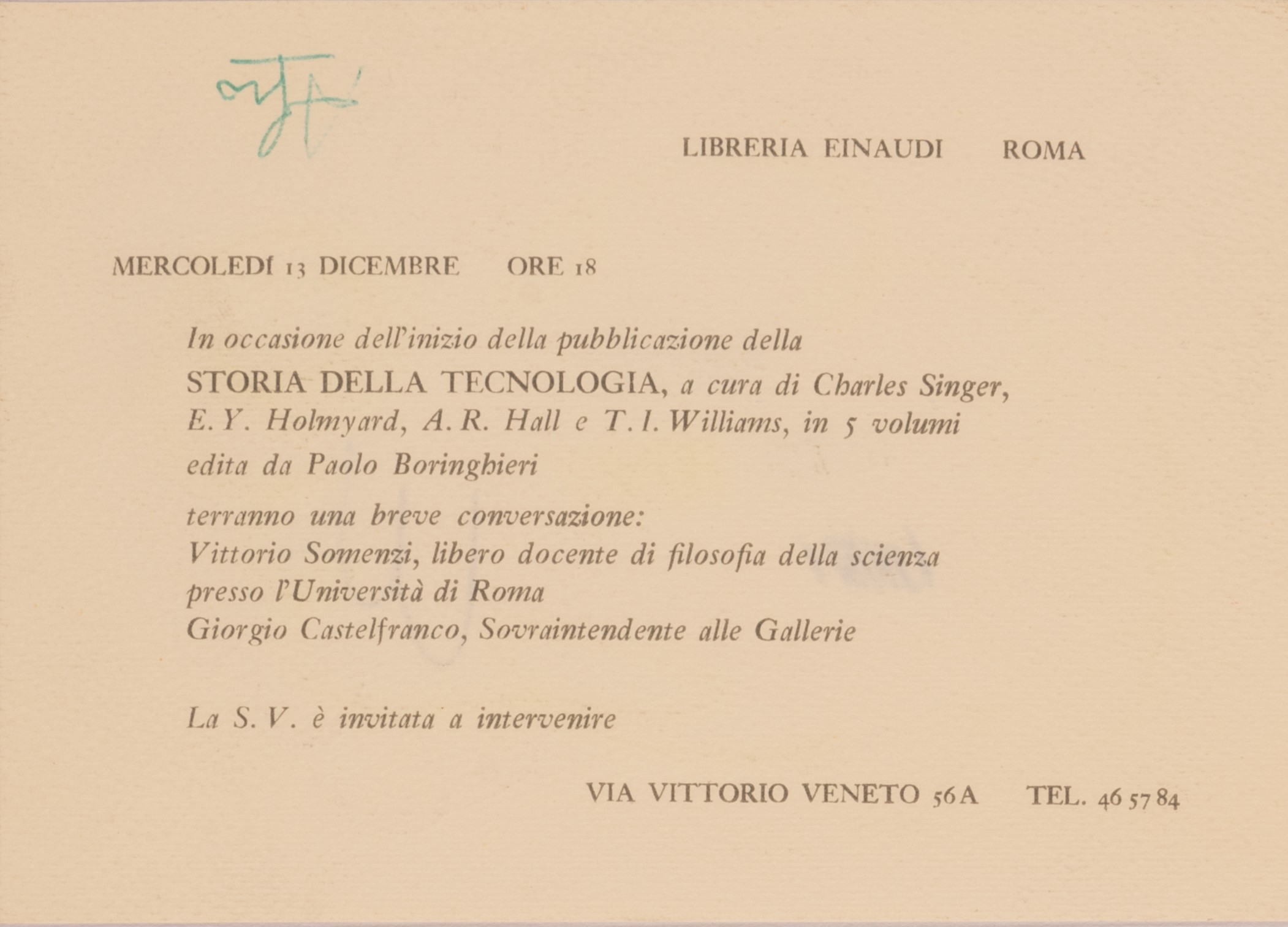 Afro Basaldella - Schizzo Realizzato su Bigliettino di Invito della Libreria Einaudi di Roma
