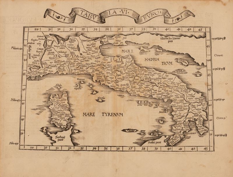 Mappa di Tolomeo dell'Italia di Lorenz Fries, da Martin Waldseemüller.