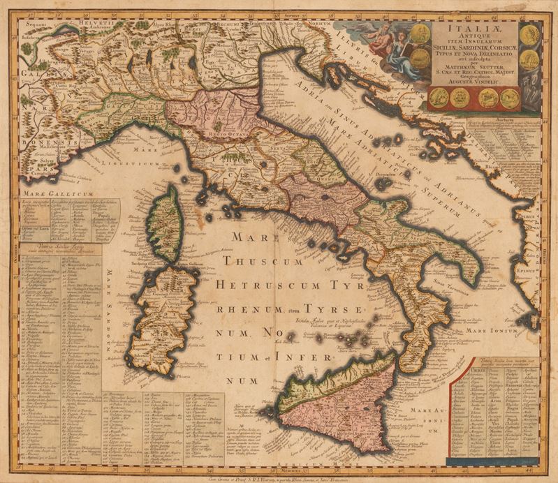 ITALIAE ANTIQUE ITEM INSULARUM SICILIAE, SARDINIAE, CORSICAE, TYPUS ET NOVA DELINEATIO, AERI INSC...