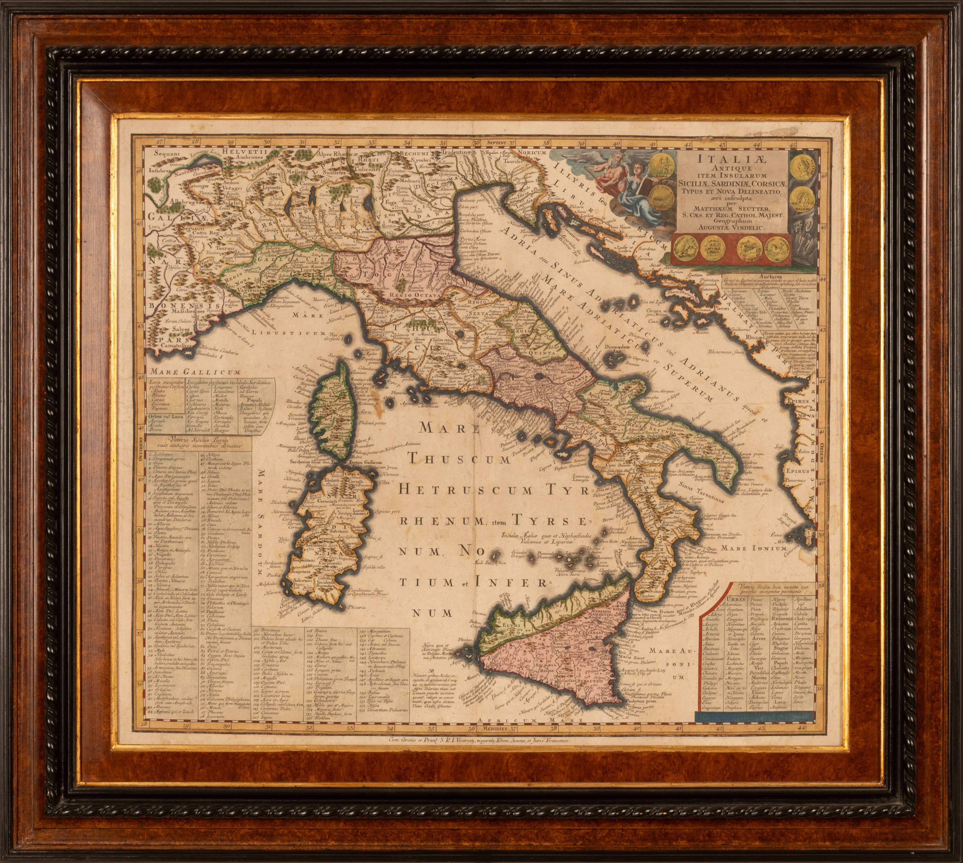 ITALIAE ANTIQUE ITEM INSULARUM SICILIAE, SARDINIAE, CORSICAE, TYPUS ET NOVA DELINEATIO, AERI INSC...