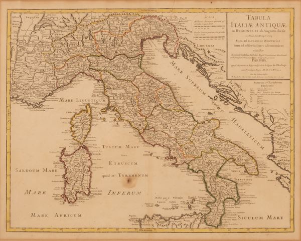 Guillaume  Delisle Guillaume de l'Isle - Tabula Italiae Antiquae in Regiones XI ab Augusto divisae et tum ad mensuras itinerarias tum ad observationes astromicas exacte