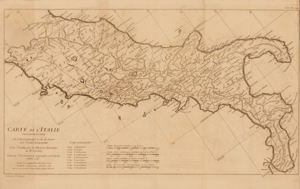 Jean-Baptiste Bourguignon d'Anville - Carte de l'Italie  proprement dite où l'objet principal a été de tracer LES VOYES ROMAINES. Pour l'intelligence de l'Histoire Romaine de Mr ROLLIN.