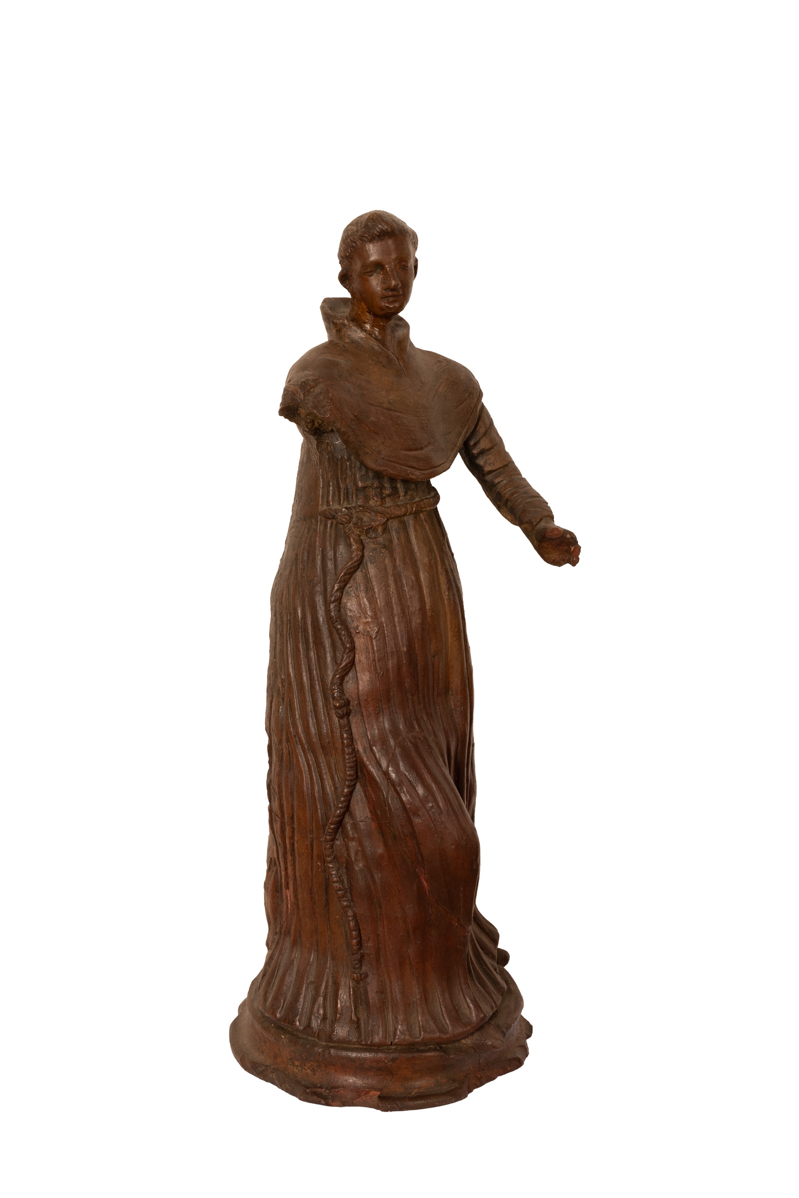Scultura in terracotta cava e brunita ad imitazione del legno raffigurante un francescano.