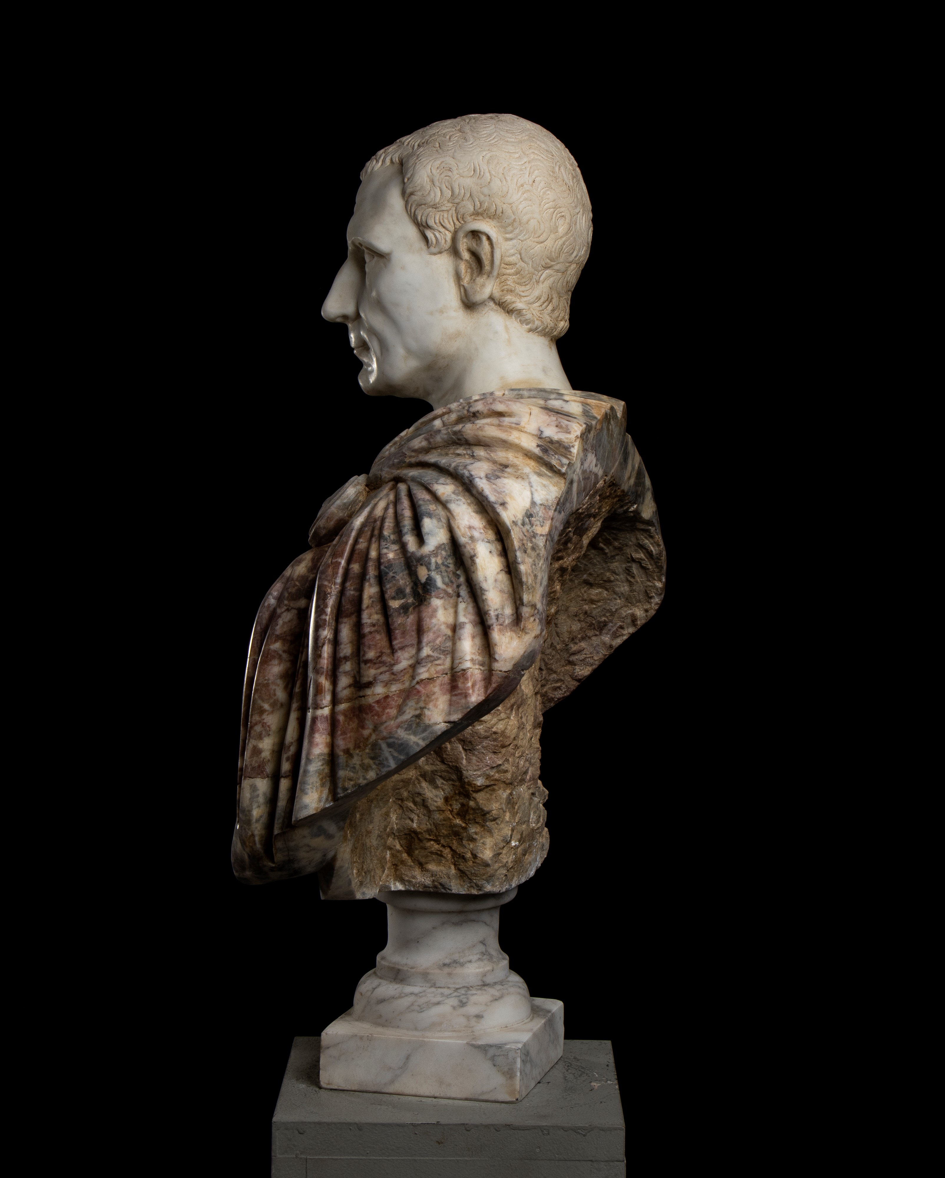 Busto di Giulio Cesare in Marmo Bianco Statuario e Breccia Medicea con Inserti in Marmo Giallo An...