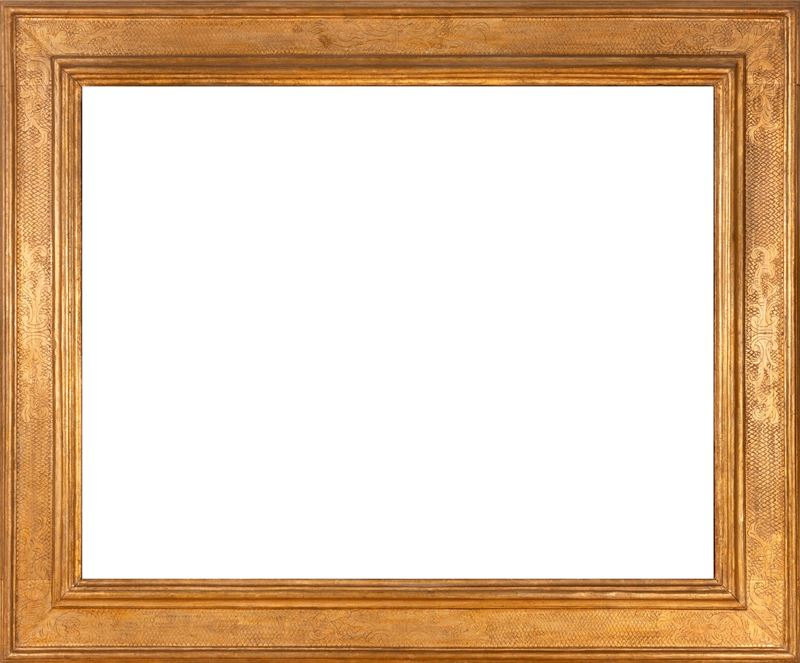 Grande cornice a cassetta in pioppo dorata a mecca con superfice bulinata a trame reticolari e co...