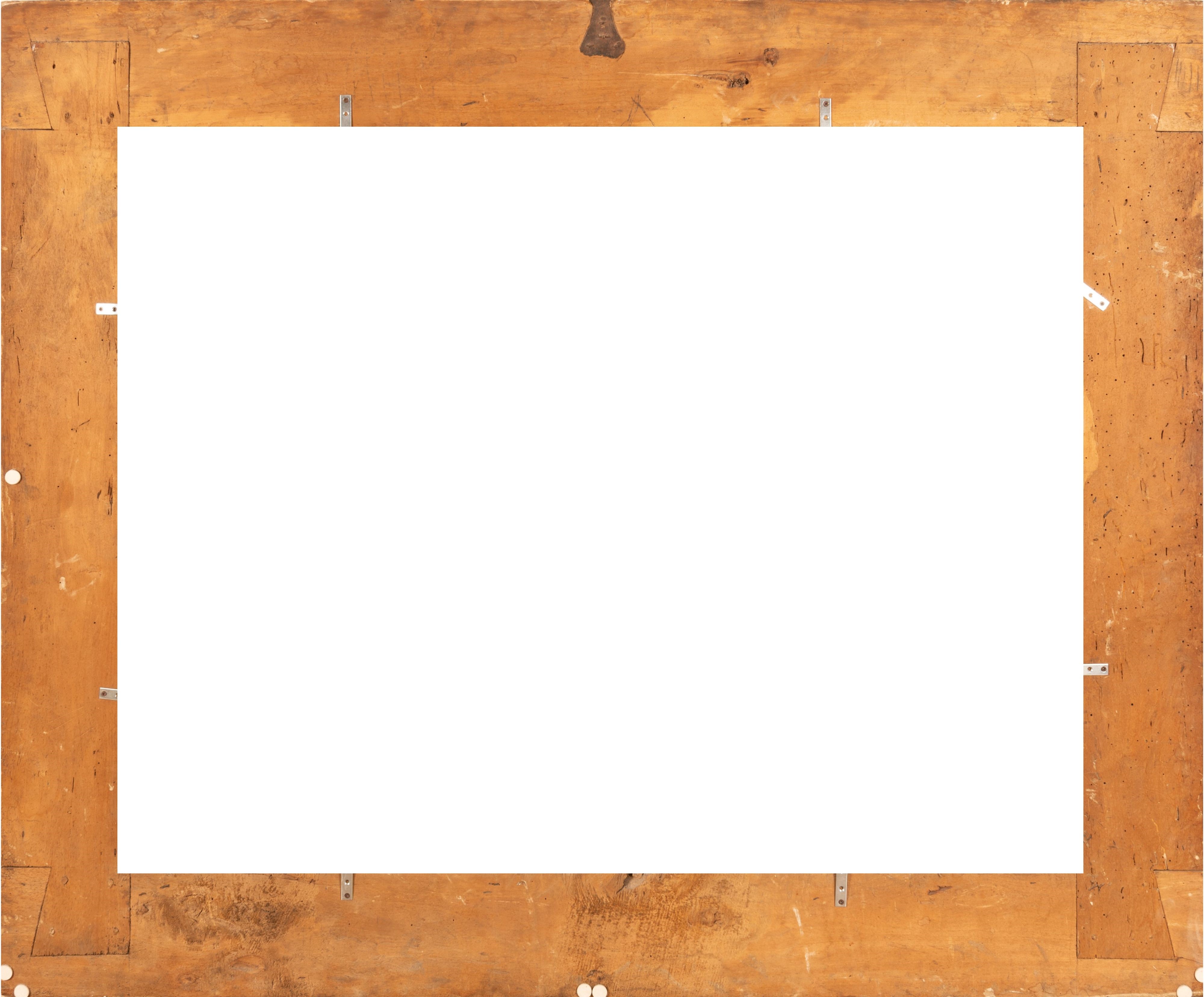 Grande cornice a cassetta in pioppo dorata a mecca con superfice bulinata a trame reticolari e co...