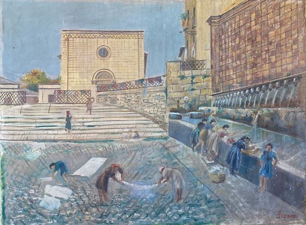 Enrico Bizzoni - Donne che lavano i panni alla Fontana delle 99 Cannelle di L'Aquila