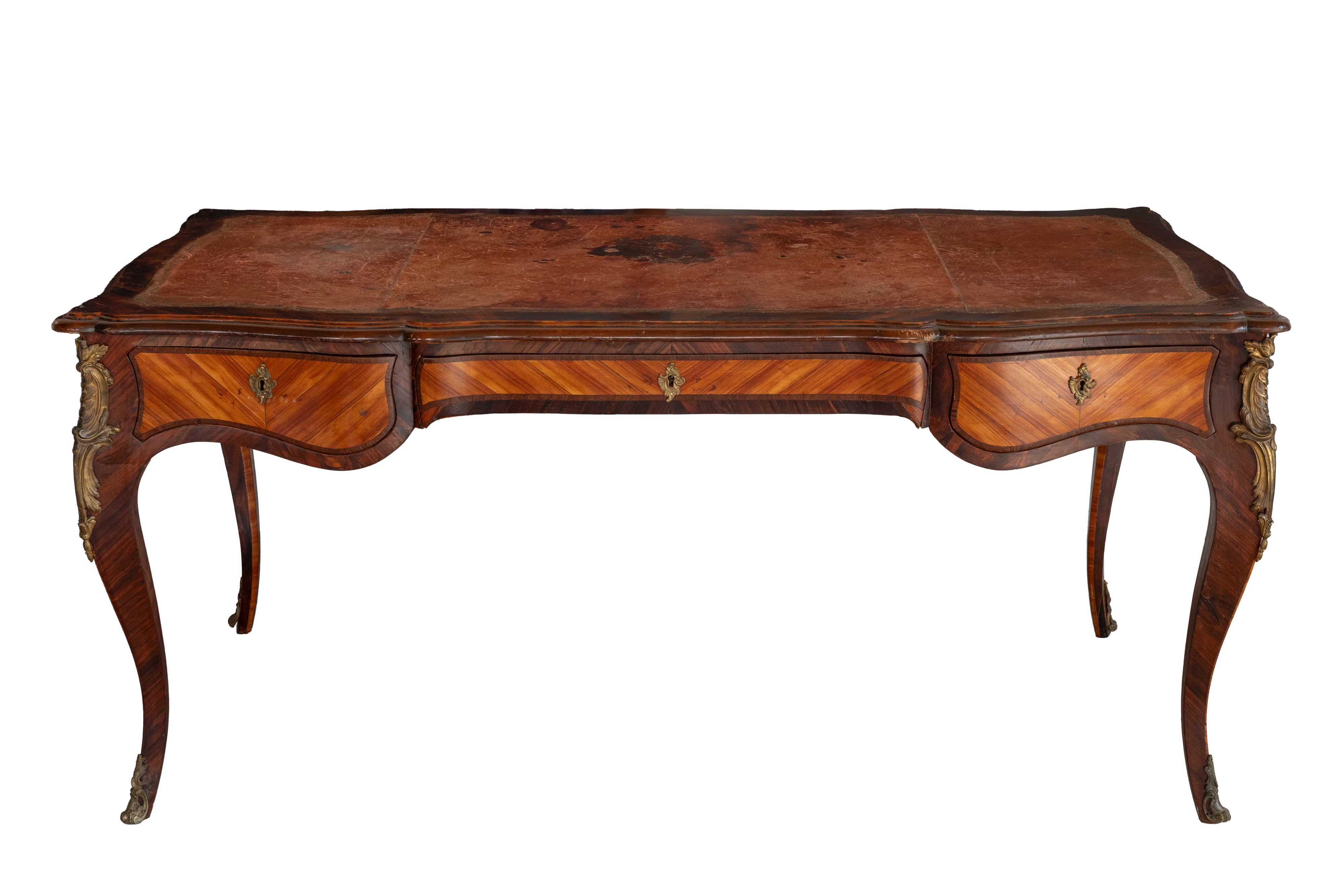 Importante Bureau Plat in Stile Luigi XV in Bois De Violette Lastronato in Bois De Rose con Appli...