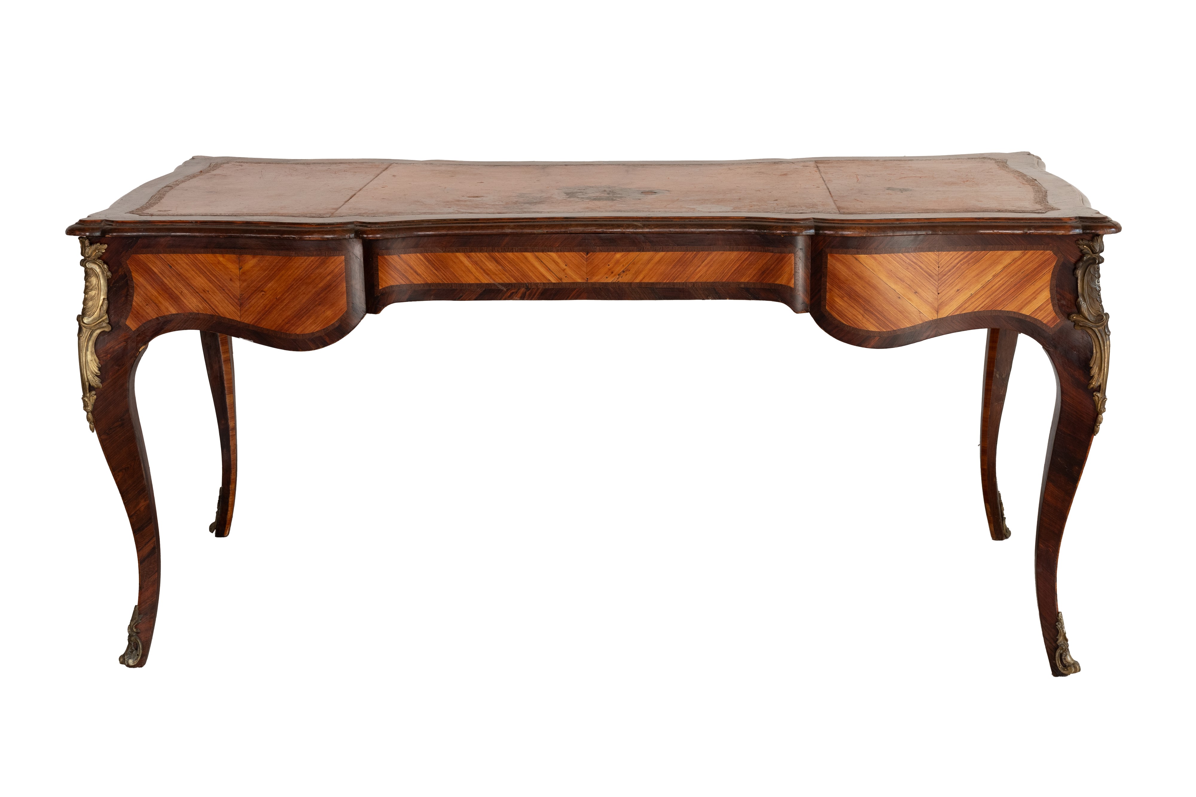 Importante Bureau Plat in Stile Luigi XV in Bois De Violette Lastronato in Bois De Rose con Appli...