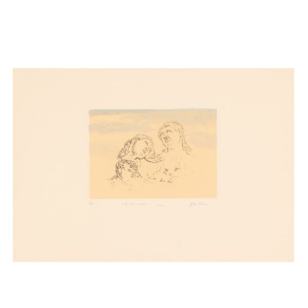 Giorgio De Chirico : Le tre sorelle  (1972)  - incisione a vernice molle su fondo colorato - Asta Asta a Tempo: Grafica e Multipli d'Autore - Gliubich Casa d'Aste