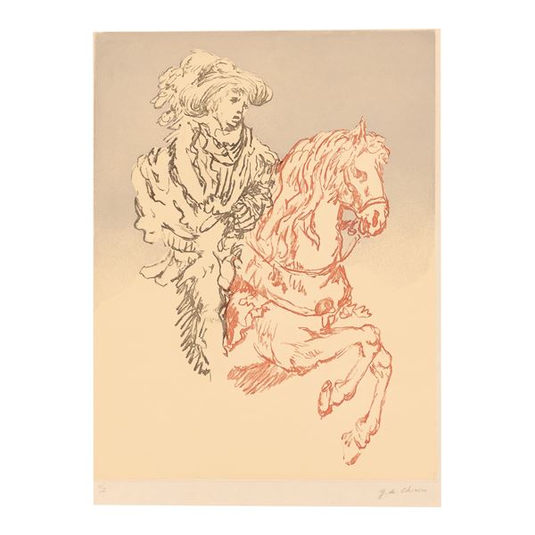 Giorgio De Chirico : Paggio a cavallo  (1972)  - incisione a vernice molle e acquatinta a 4 colori - Asta Asta a Tempo: Grafica e Multipli d'Autore - Gliubich Casa d'Aste