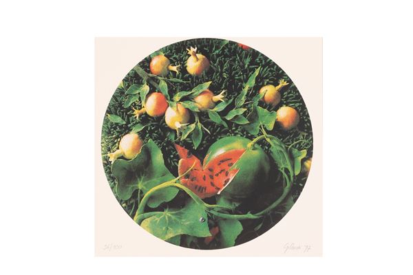 Piero Gilardi : Natura morta con cocomero e  melograni  (1997)  - Serigrafia a 5 colori - Asta Asta a Tempo: Grafica e Multipli d'Autore - Gliubich Casa d'Aste