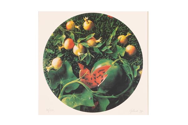 Piero Gilardi : Natura morta con cocomero e  melograni  (1997)  - Serigrafia a 5 colori - Asta Asta a Tempo: Grafica e Multipli d'Autore - Gliubich Casa d'Aste