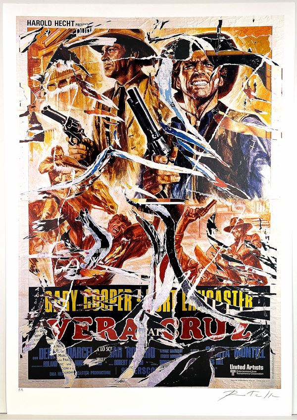 Mimmo Rotella : Vera Cruz  - strappi di manifesto (eseguiti a mano dall'artista) applicato su supporto  serigrafico su cartoncino - Auction - Gliubich Casa d'Aste