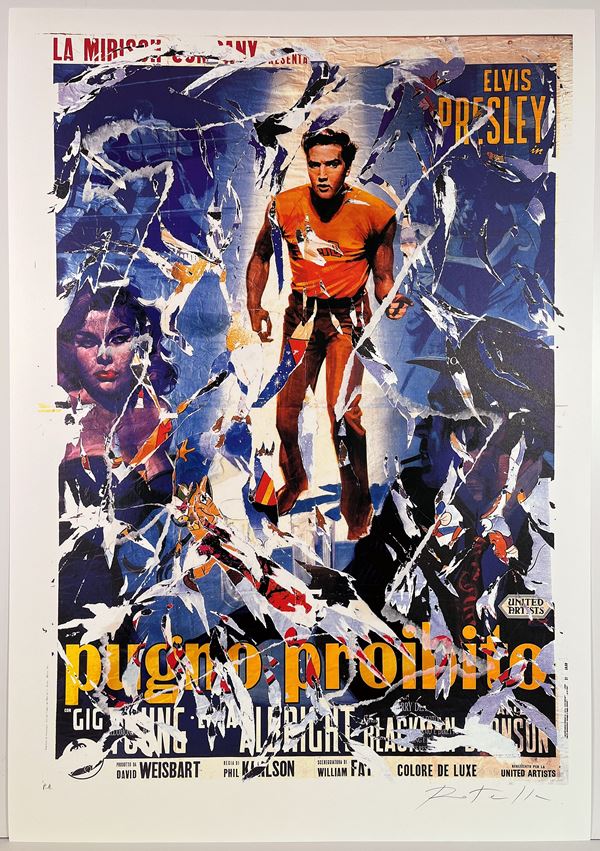 Mimmo Rotella : Pugno Proibito  - strappi di manifesto (eseguiti a mano dall'artista) applicato su supporto  serigrafico su cartoncino - Asta Asta a Tempo: Grafica e Multipli d'Autore - Gliubich Casa d'Aste