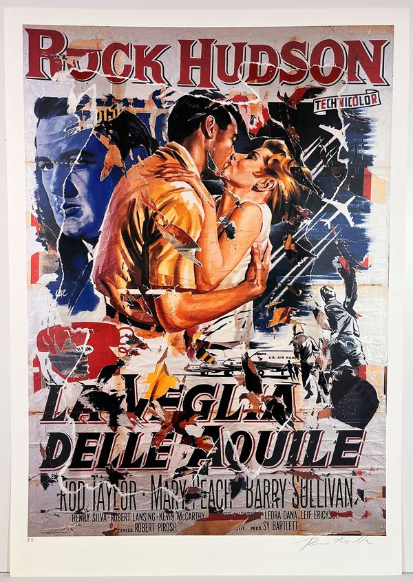 Mimmo Rotella : La veglia delle aquile  - : strappi di manifesto (eseguiti a mano dall'artista) applicato su supporto  serigrafico su cartonci - Asta Asta a Tempo: Grafica e Multipli d'Autore - Gliubich Casa d'Aste