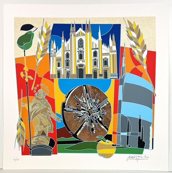 Ugo Nespolo : Milano  - serigrafia e glitter su cartoncino - Asta Asta a Tempo: Grafica e Multipli d'Autore - Gliubich Casa d'Aste