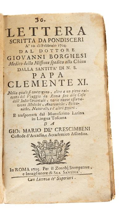 Lettera Scritta da Pondisceri Ąʹ 10 di Febbraio 1704, dal Dottore Giovanni Borghesi
