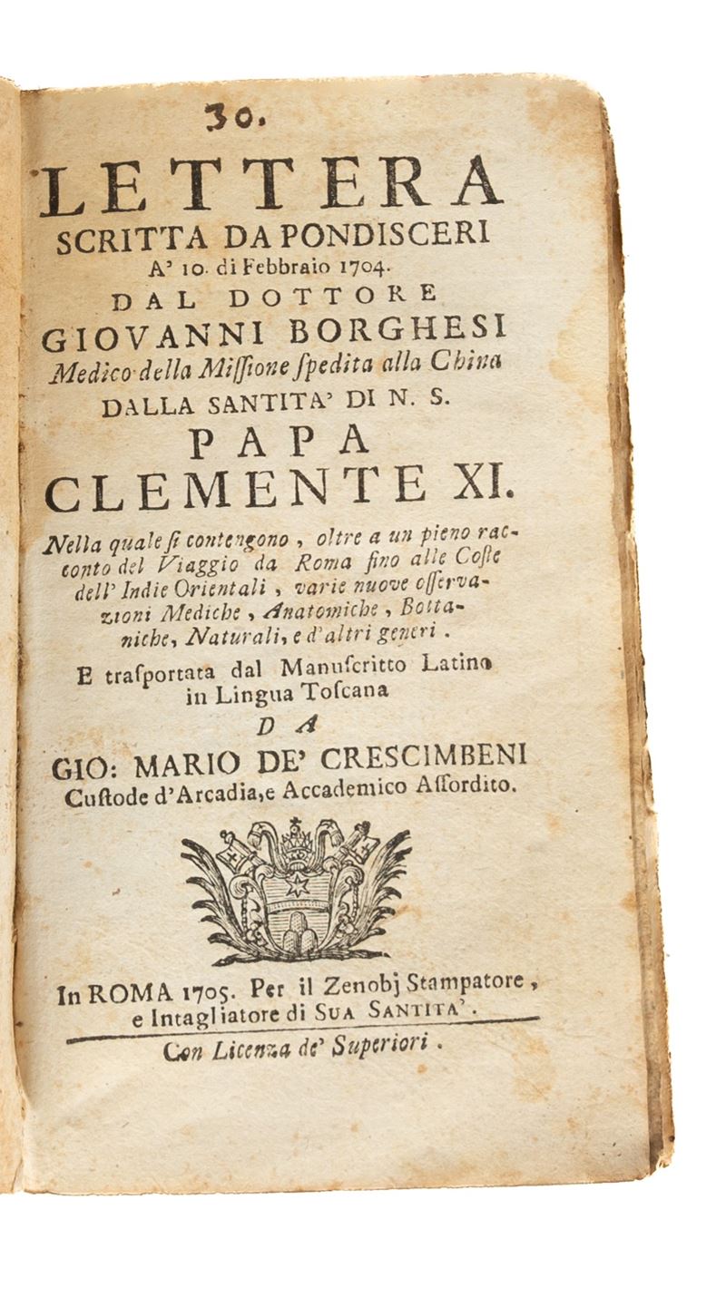 Lettera Scritta da Pondisceri Ąʹ 10 di Febbraio 1704, dal Dottore Giovanni Borghesi