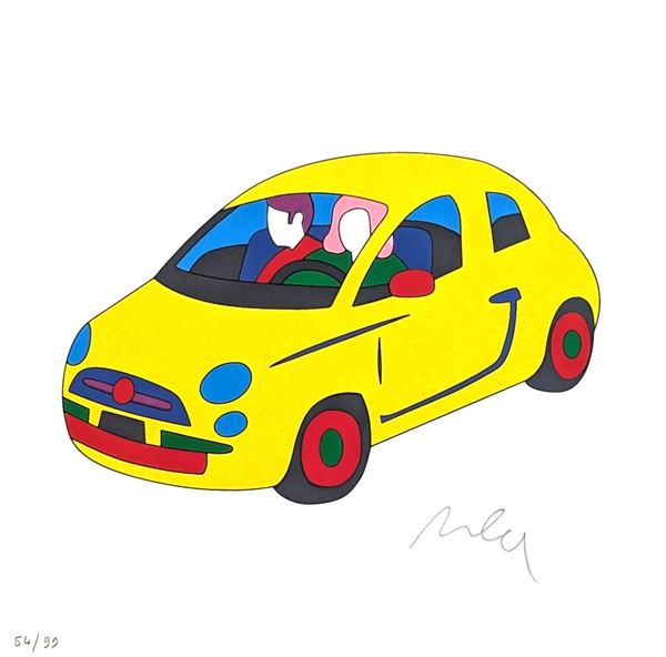 Marco Lodola : Fiat 500 gialla  - serigrafia materica a smalto su carta - Asta Grafica di Arte Contemporanea - Gliubich Casa d'Aste