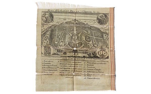 Incisione in rame su seta, raﬃgurante lʹeremo di Montevirginio e territori adiacenti nei pressi di Bracciano,   databile al 1668