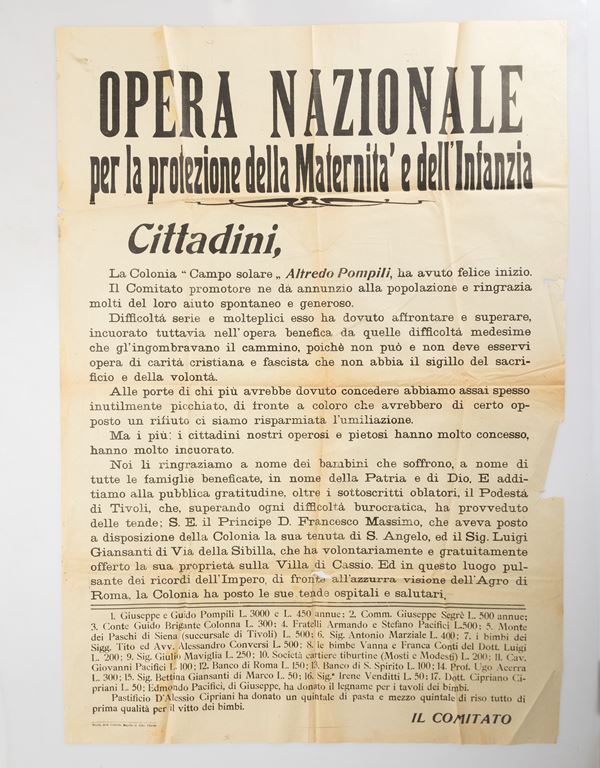 Manifesto dellʹ Opera Nazionale per la Protezione della Maternità e dellʹInfanzia annunziante lʹinizio della Colonia ʺCampo Solareʺ Alfredo Pompili...