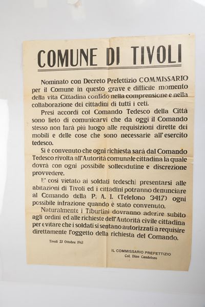 Manifesto del Commissario Prefettizio del Comune di Tivoli Colonnello Dino Candeloro Annunciante ...