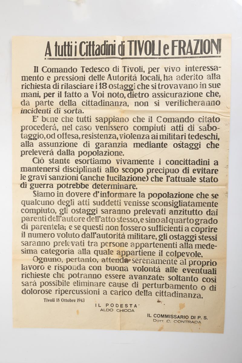 Manifesto del Podestà di Tivoli Chicca e del Commissario di Pubblica Sicurezza Dott. C. Contrada ...