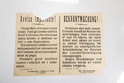 Manifesto Bilingue Italiano-tedesco ʺavviso Importante!/ Bekauntmachug!ʺ del Comandante Tedesco d...