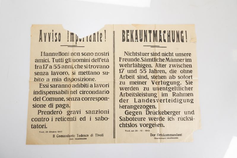 Manifesto Bilingue Italiano-tedesco ʺavviso Importante!/ Bekauntmachug!ʺ del Comandante Tedesco d...