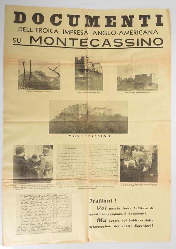 Manifesto riportante documenti fotograﬁci e lettere sullʹeroica impresa anglo-americana su Montecassino.