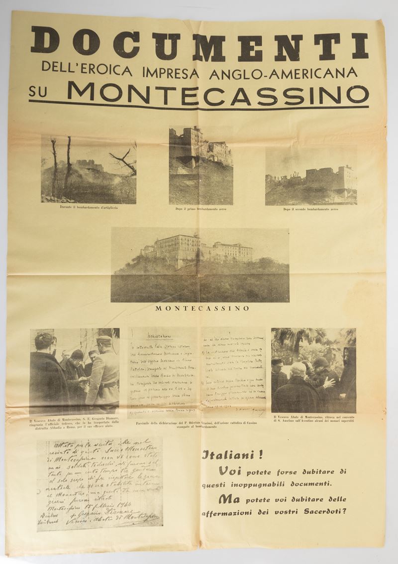 Manifesto riportante documenti fotograﬁci e lettere sullʹeroica impresa anglo-americana su Montec...