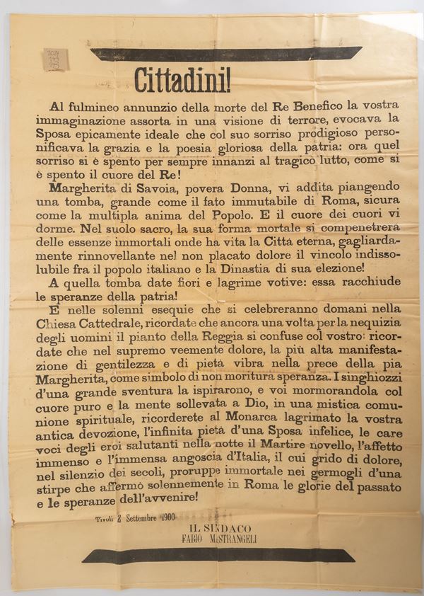 Manifesto listato a lutto del sindaco di Tivoli Fabio Mastrangeli annunziante il regicidio di Umberto I° avvenuto il 29 luglio del 1900 a Monza.  - Asta Asta Charta - Libri dal XV al XIX secolo, Manoscritti e Autografi - Gliubich Casa d'Aste