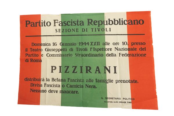 Manifesto tricolore ﬁrmato dal segretario politico del Partito Fascista Repubblicano di Tivoli