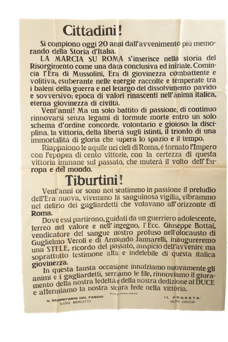 Manifesto del Podestà di Tivoli Aldo Chicca e del Segretario del Fascio Luigi Merletti