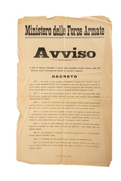 Manifesto Recante Avviso del Ministero delle Forze Armate della Repubblica Sociale Italiana